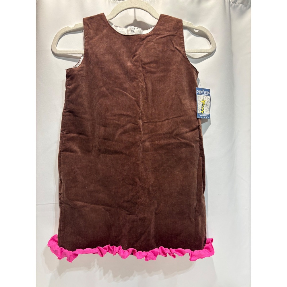 Corky's Kids Corduroy Jumper Dress Kids 6X Brown Pink Ruffle Hem kidcore